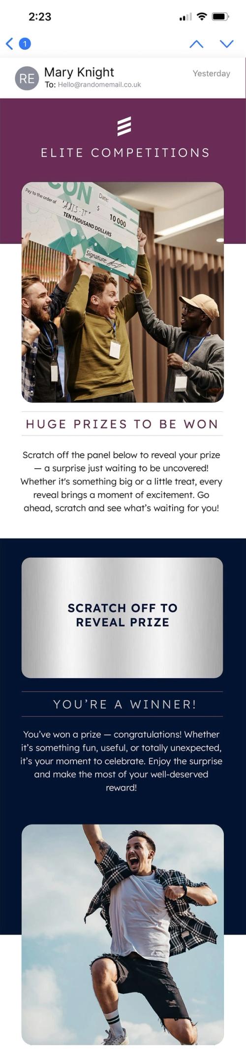 Mobile email preview of a competition campaign with Sendtric's Digital Scratch Off widget shown as a silver panel revealing a winning message.