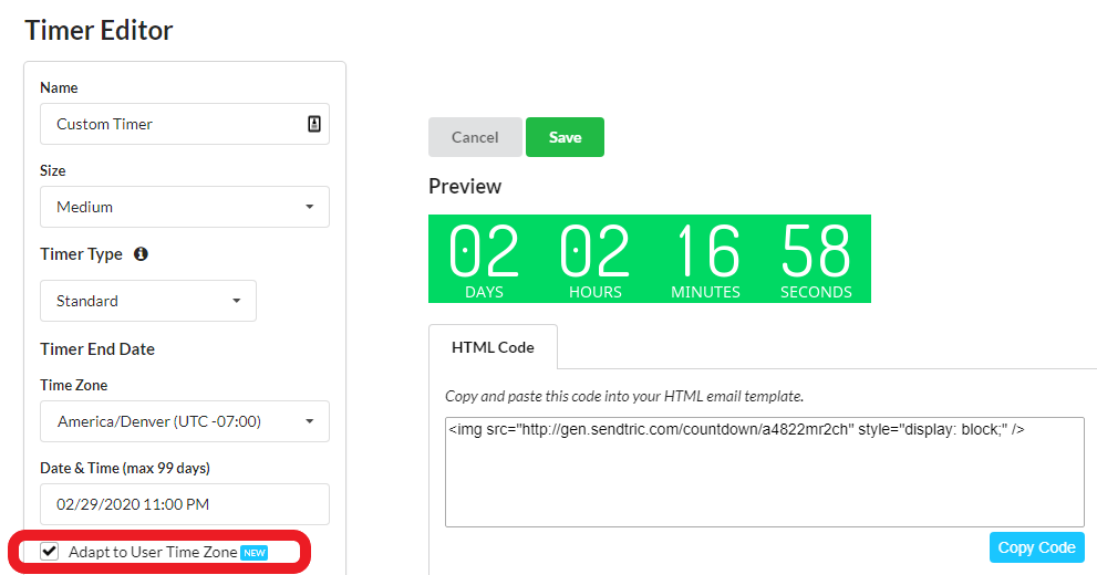 Sendtric timer editor with the 'Adapt to User Time Zone' checkbox highlighted next to a live countdown preview