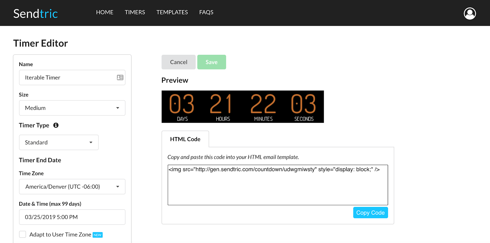Sendtric timer editor open for creating a countdown timer to embed in Iterable
