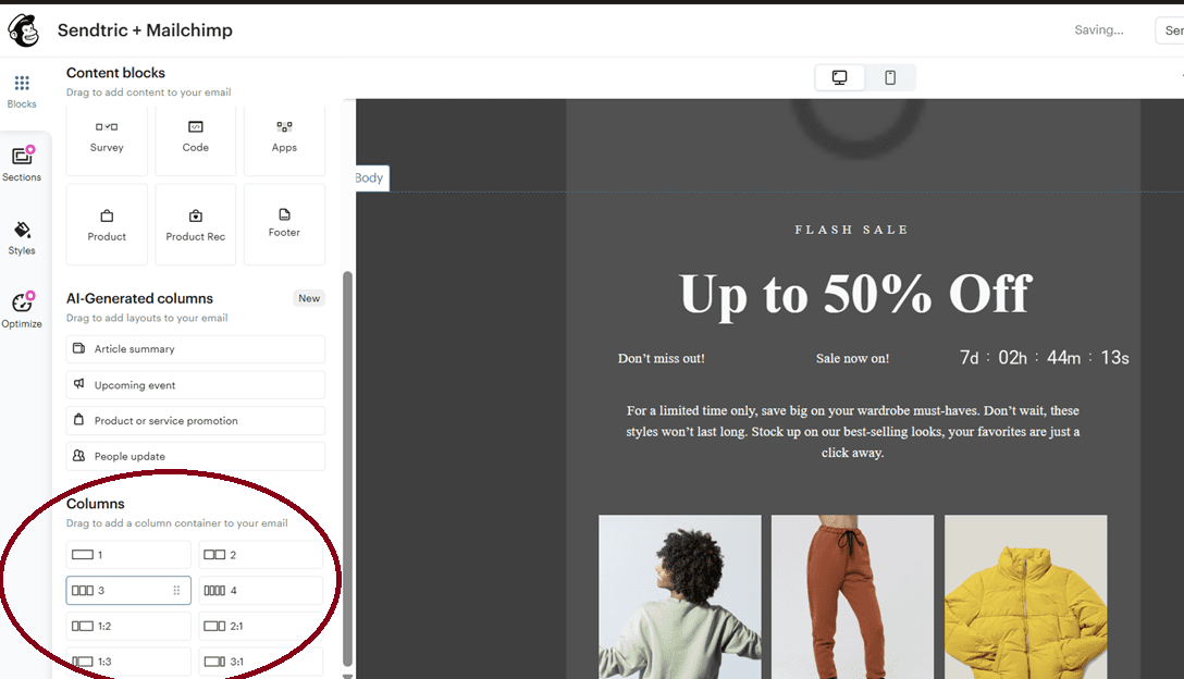 Mailchimp email builder showing the Columns block used to place an inline countdown timer beside campaign text