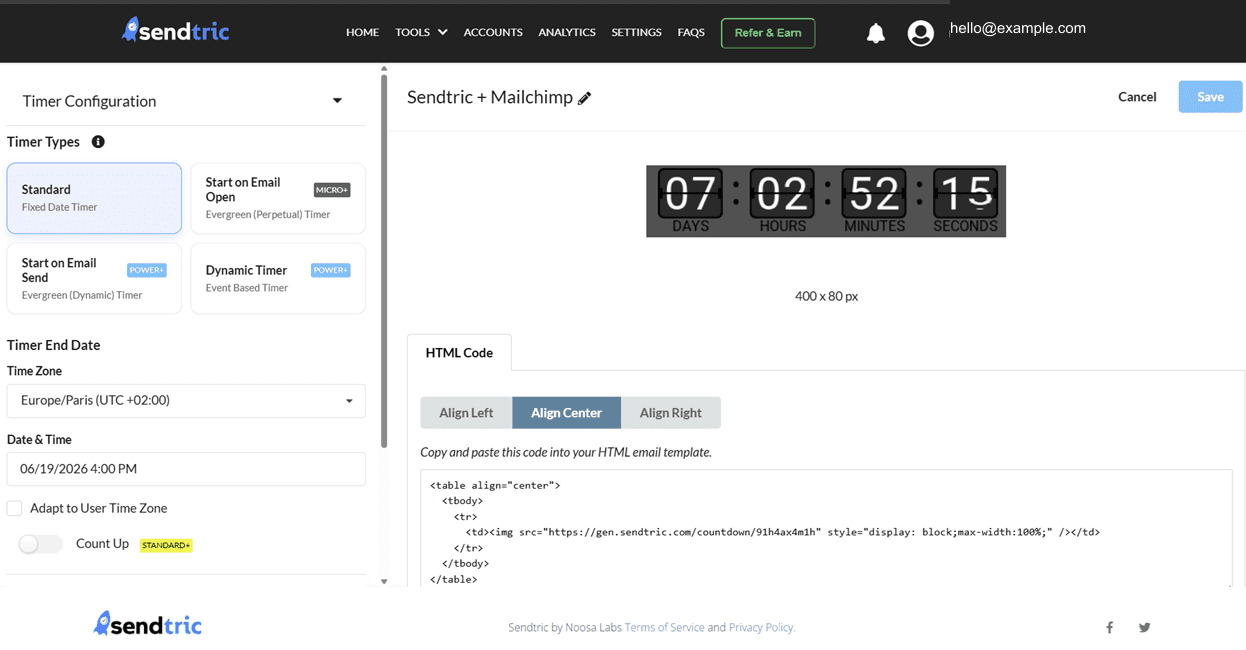 Sendtric's timer editor showing timer type options, end date and time zone settings, and the generated HTML embed code for a Mailchimp campaign