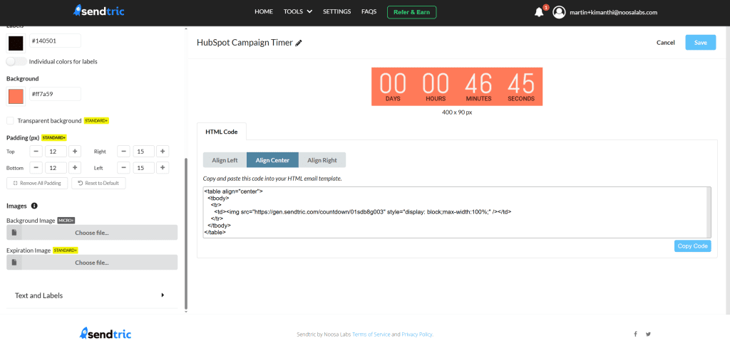 Sendtric dashboard showing the HubSpot Campaign Timer preview and the HTML embed code with Center alignment selected