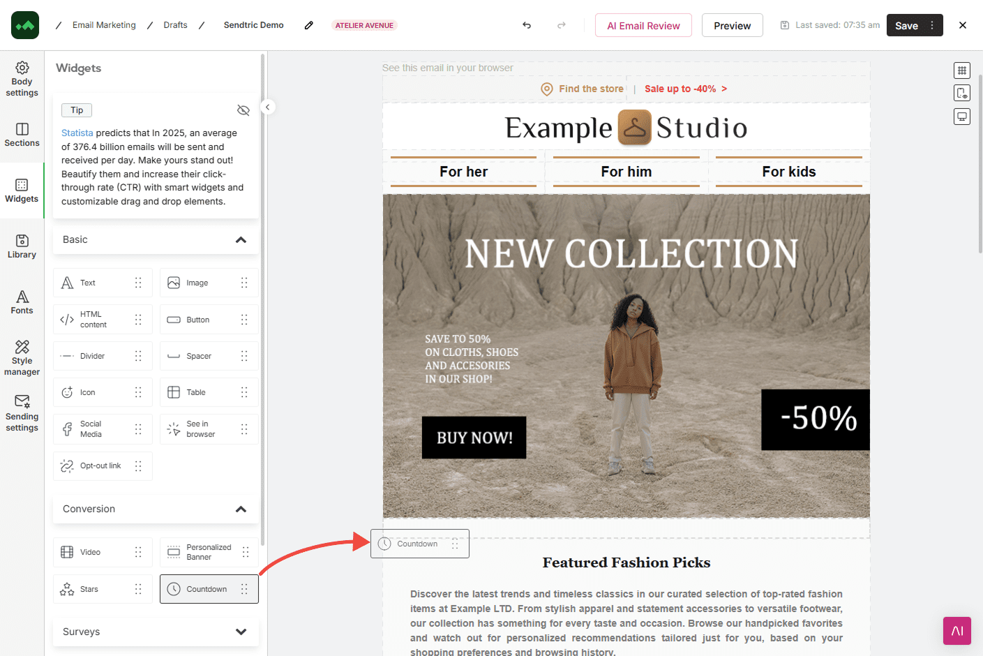 Manago AI's Email Design Studio with a Sendtric countdown timer added to the email template