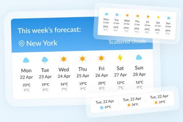 Example Sendtric weather widget showing a 7-day forecast for New York alongside smaller widget variants