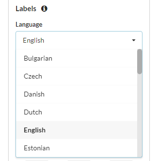 Sendtric timer editor's language dropdown showing a list of predefined timer languages