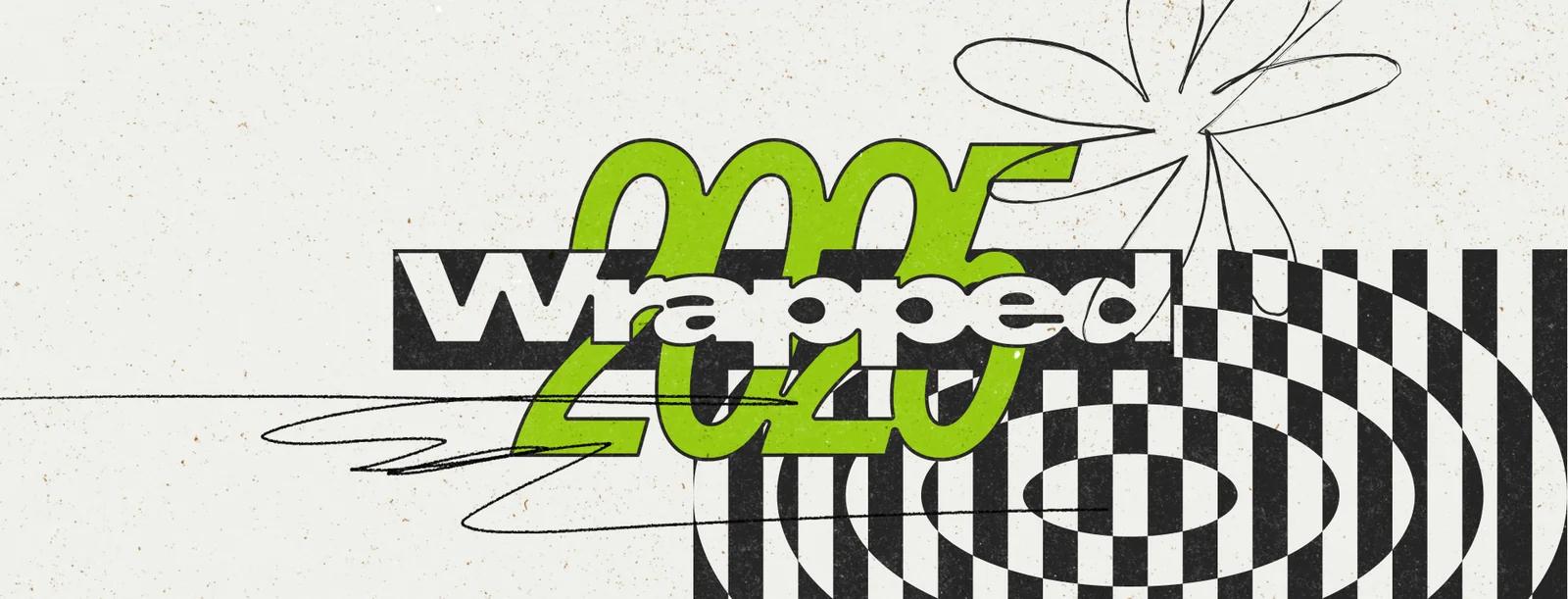 Spotify Wrapped 2025 campaign hero graphic with bold checkered background and hand-drawn floral illustration