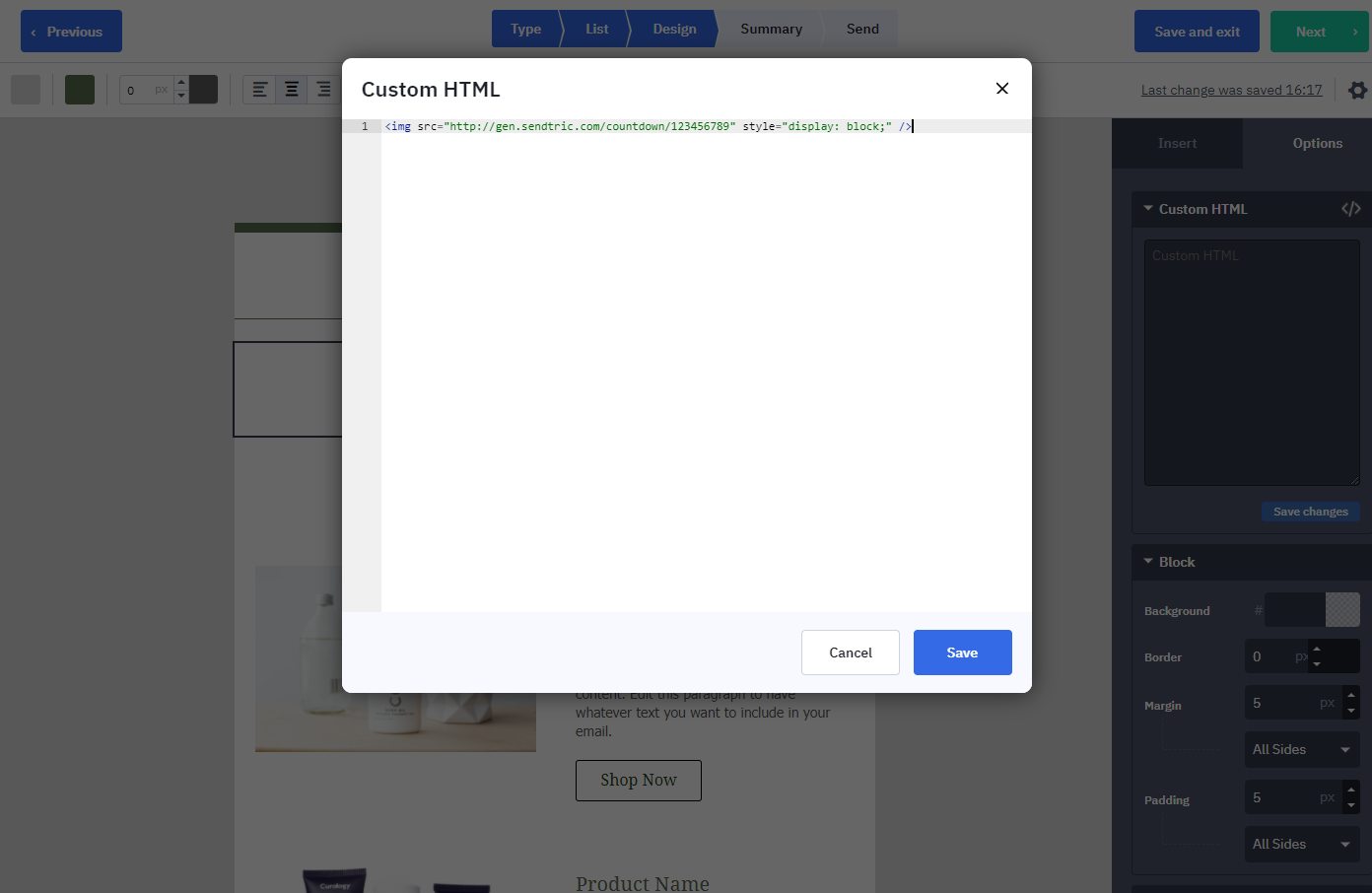 ActiveCampaign HTML block editor showing a placeholder for the Sendtric timer embed code