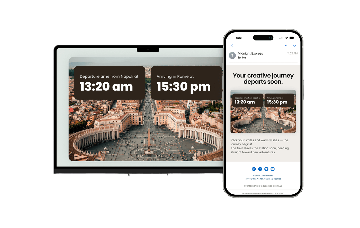 Same email template personalized again with a Rome photo overlay: "Departure time from Napoli at 13:20 am, Arriving in Rome at 15:30 pm."