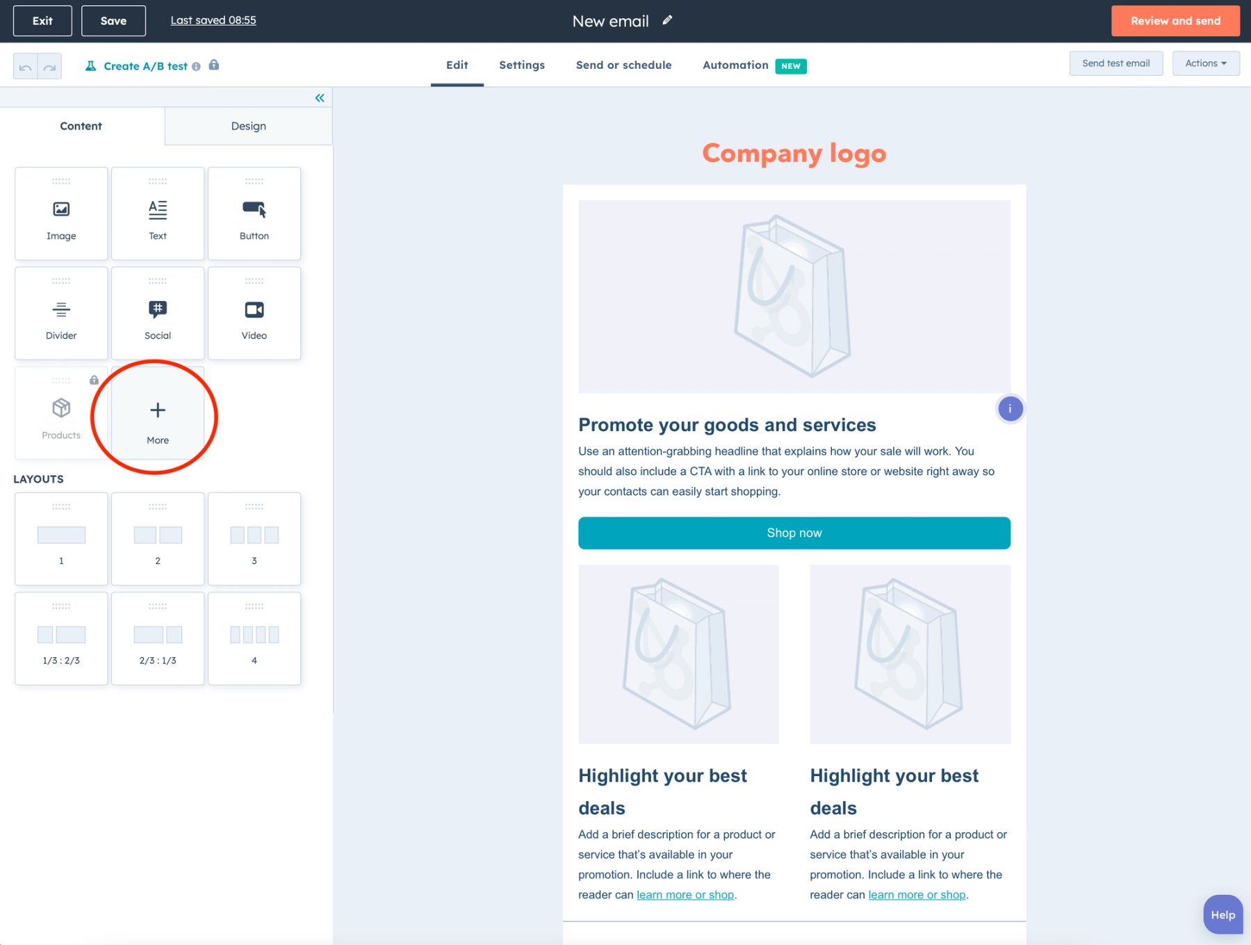HubSpot email builder's Content menu with the More option highlighted