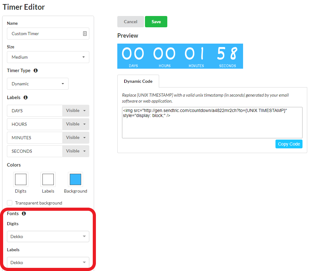 Sendtric timer editor's font picker for choosing a custom font for the timer labels and digits