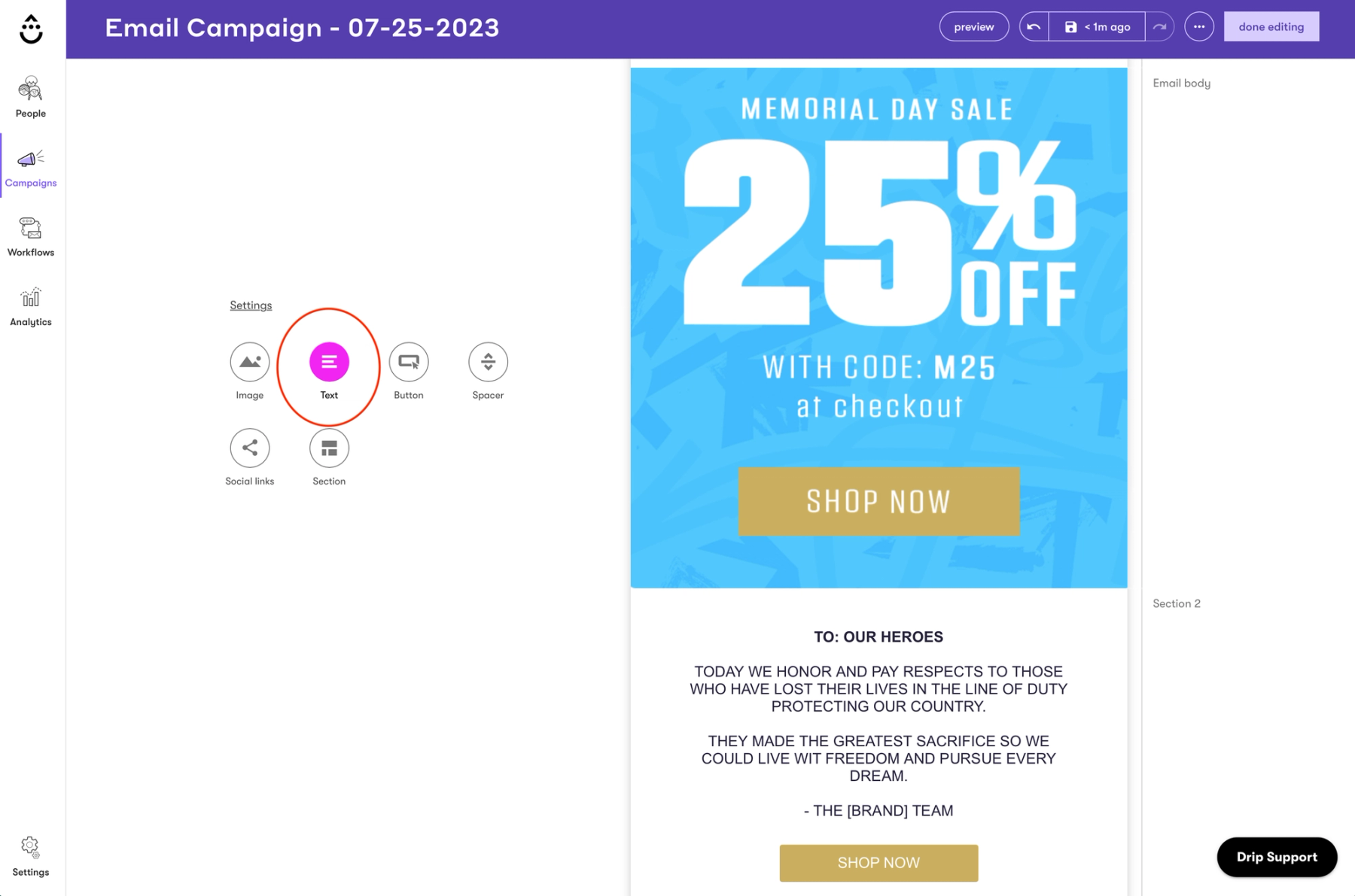Drip email builder with a new Text block dragged into the template