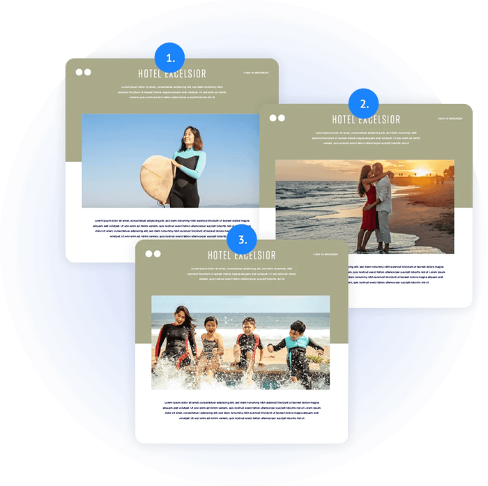 Three email screenshots of the same "Hotel Excelsior" template, each personalized with a different lifestyle photo — a surfer, a couple at sunset, and kids playing in the surf — for different customer segments