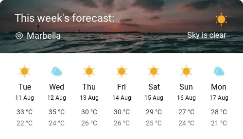 A weather widget reading "This week's forecast: Marbella, Sky is clear" with a 7-day forecast showing daily high and low temperatures