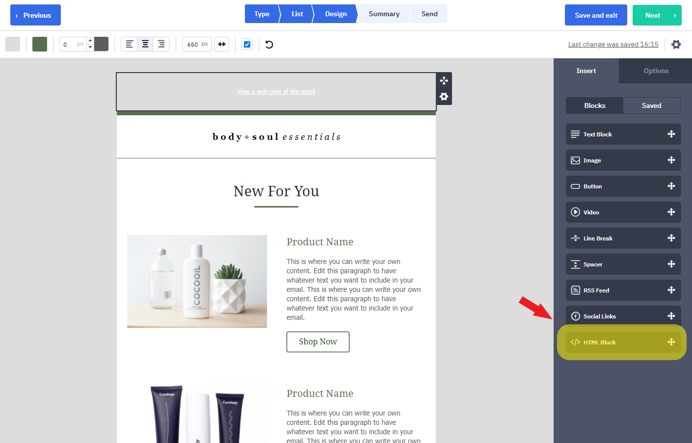 ActiveCampaign template editor with the HTML Block option highlighted in the Insert panel