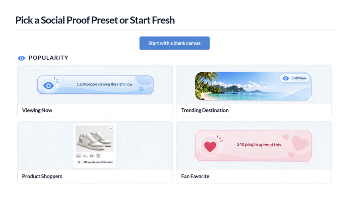 Sendtric Social Proof Counters preset picker showing "Start with a blank canvas" plus Viewing Now, Trending Destination, Product Shoppers, and Fan Favorite presets