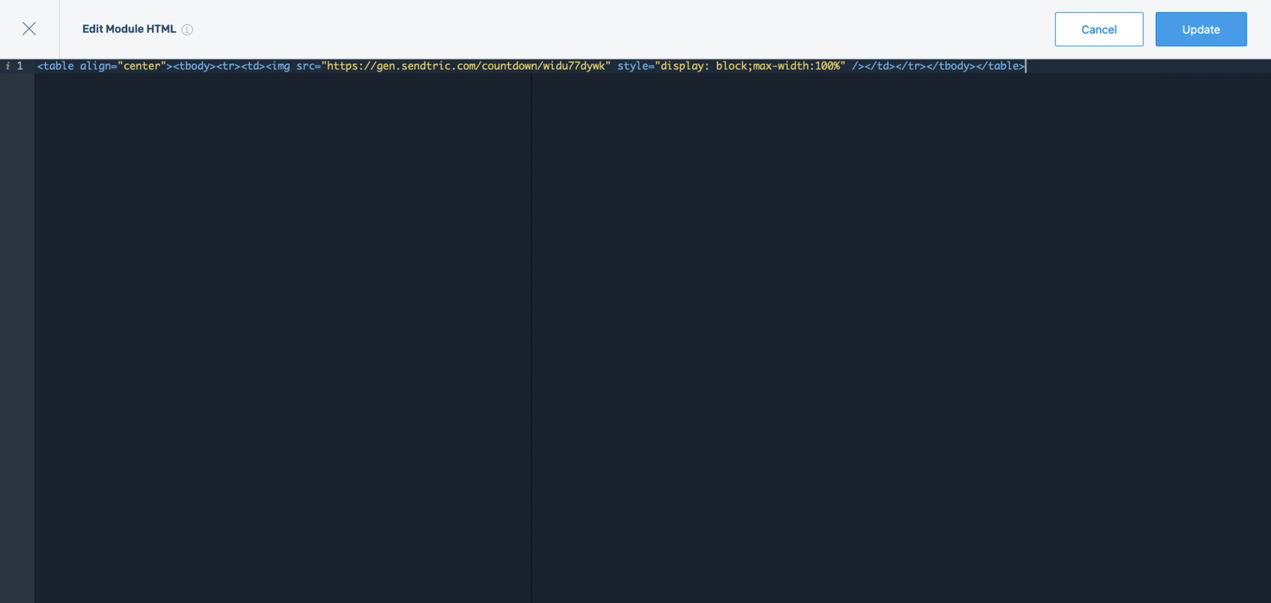 SendGrid HTML box with the Sendtric timer embed code pasted in, and the Update button highlighted