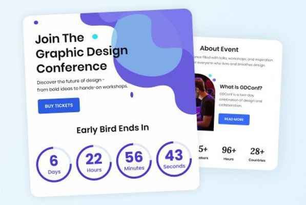 Two example emails for a conference launch: a ticket invite with an early-bird countdown timer, and an event details email with speaker and attendance stats