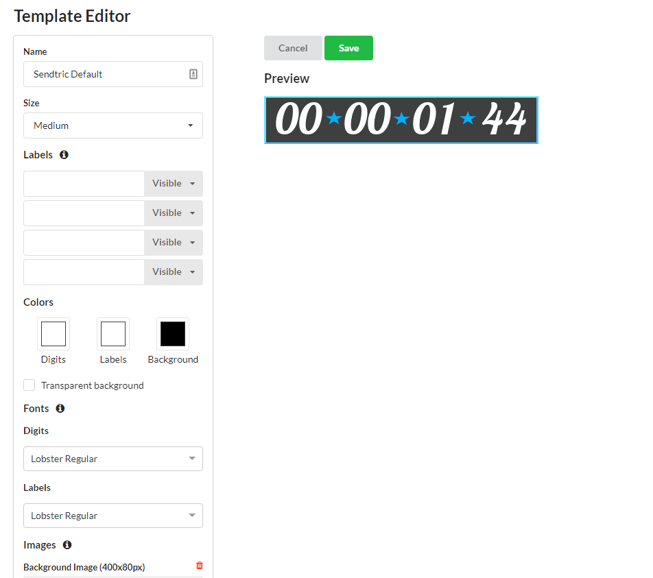 Sendtric template editor open for customizing a reusable timer template's design