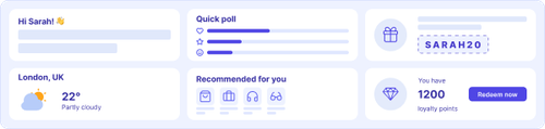 Email personalization widgets: a greeting banner, quick poll, weather forecast, promo code, recommended products, and loyalty points