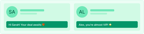 Two example personalized message cards, each addressed to a different recipient by name