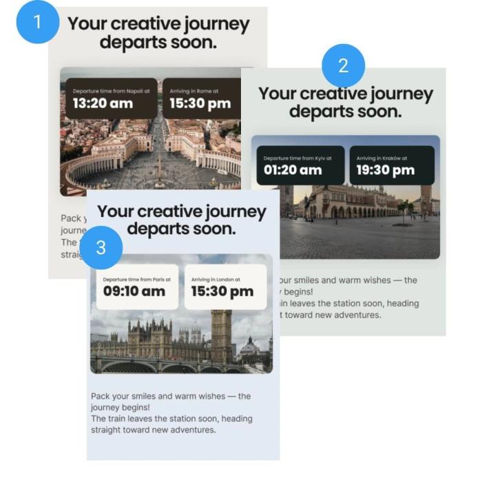 Three versions of the same "Your creative journey departs soon" email, personalized with different trips: Napoli-Rome, Kyiv-Kraków, and Paris-London.