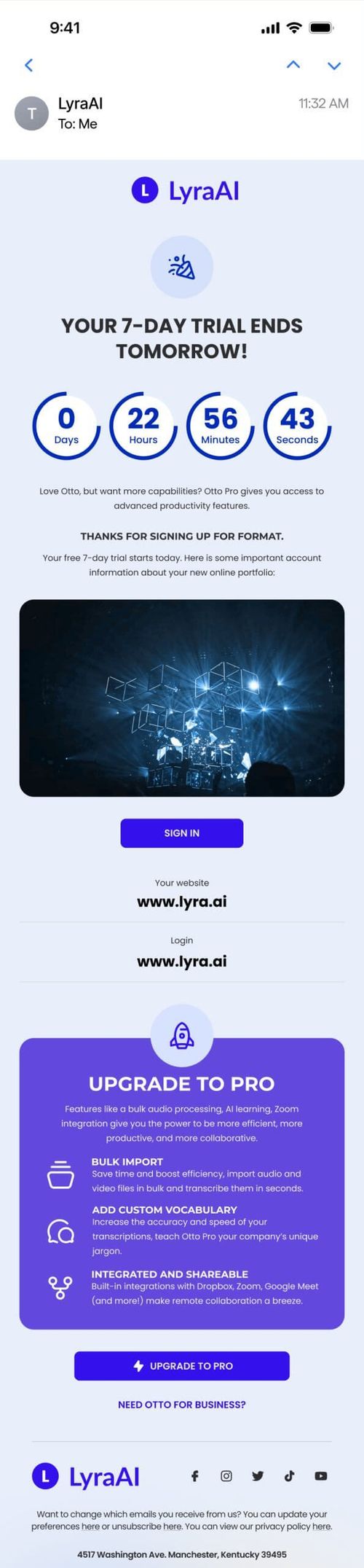Mobile email preview of a trial-ending reminder with a Sendtric countdown timer showing time left before the free trial expires, plus a sign-in link and upgrade-to-Pro details