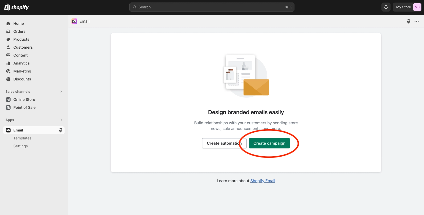 Shopify email template library with options to start from an existing or new template