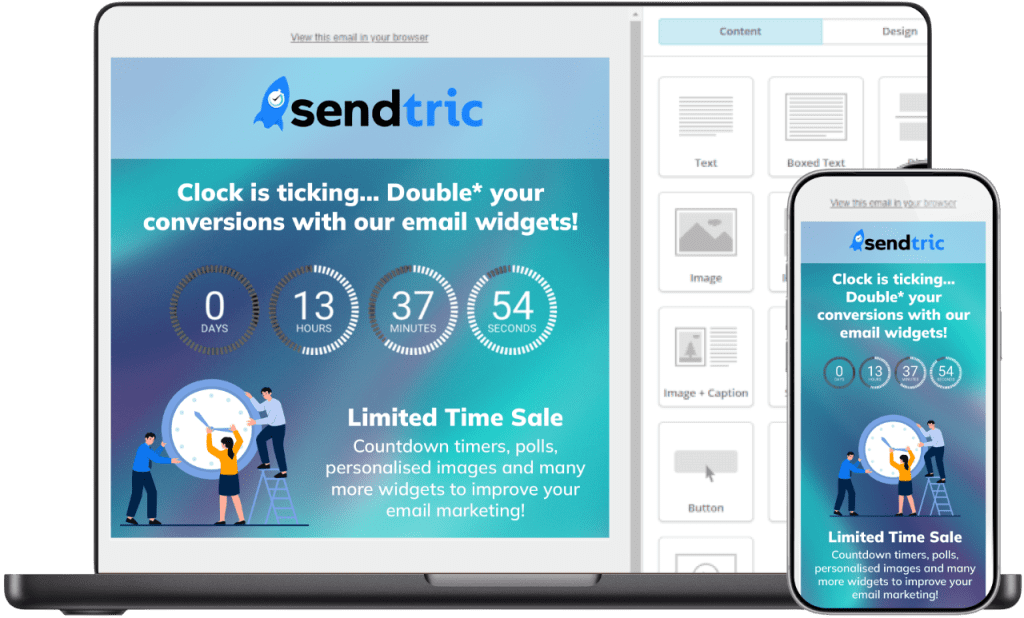 Sendtric email widget marketing graphic on laptop and mobile showing a 'Clock is ticking' countdown timer email promoting a limited-time sale