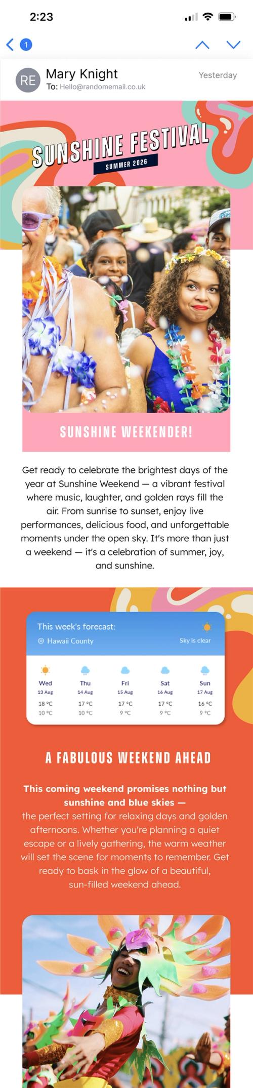 Mobile email preview of Sendtric's weather widget forecast in an orange 'Sunshine Festival' themed email
