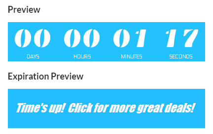 Sendtric timer editor showing the expiration image preview displayed beneath the countdown