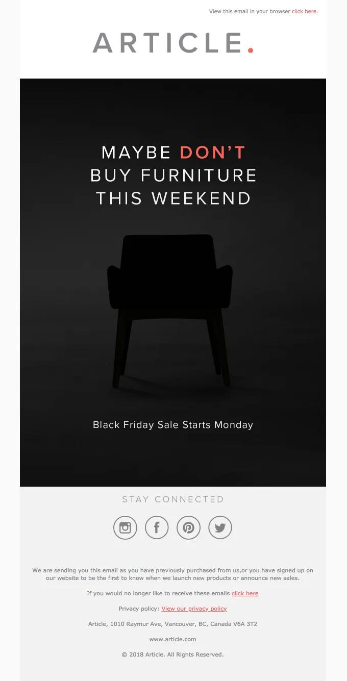 Article's "Maybe Don't Buy Furniture This Weekend" pre-Black-Friday email, showing a dark silhouette of an armchair and the line "Black Friday Sale Starts Monday"