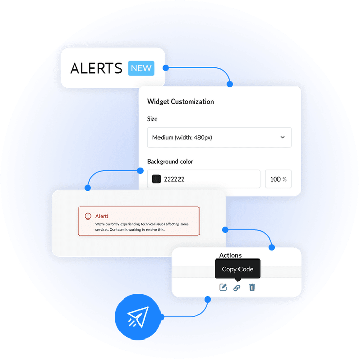 Sendtric Critical Alerts widget builder showing size and background color settings, a preview of the 'Alert!' message box, and options to copy or edit its embed code.