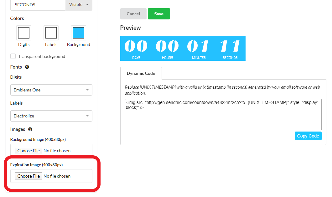 Sendtric timer editor's Images section with the expiration image upload control