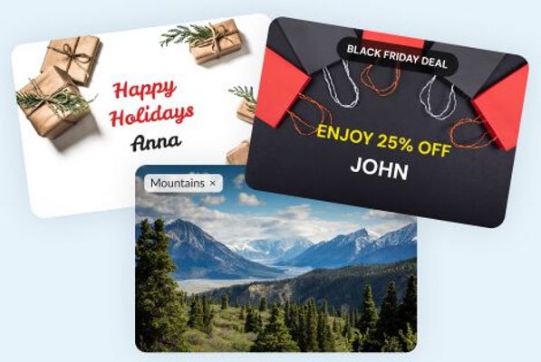 Example personalized images: a holiday greeting and a discount banner each addressed to a different recipient by name, plus a preference-tagged landscape photo