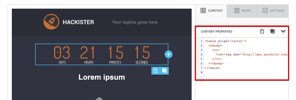 Bloomreach HTML block showing a placeholder table for the Sendtric timer embed code