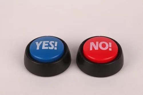 A blue "Yes" push button and a red "No" push button side by side