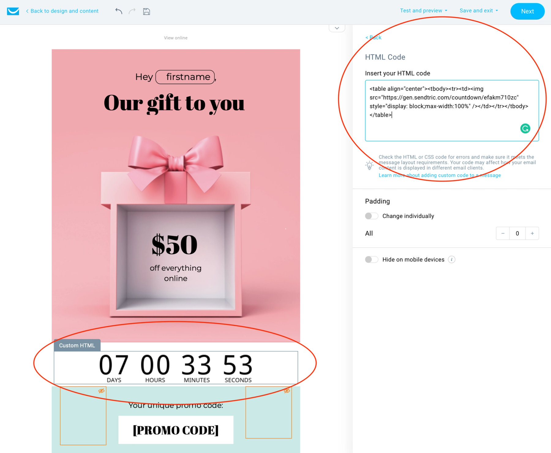 GetResponse HTML block with the Sendtric timer embed code pasted into the 'Insert your HTML code' box