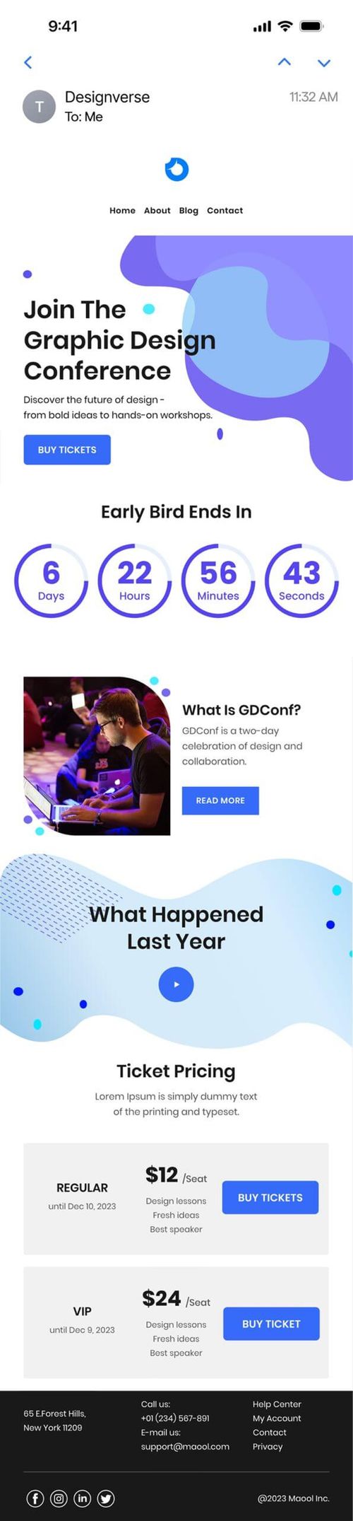 Mobile email preview of a "Designverse" graphic design conference invitation with a Buy Tickets button and an "Early Bird Ends In" countdown showing 6 days remaining