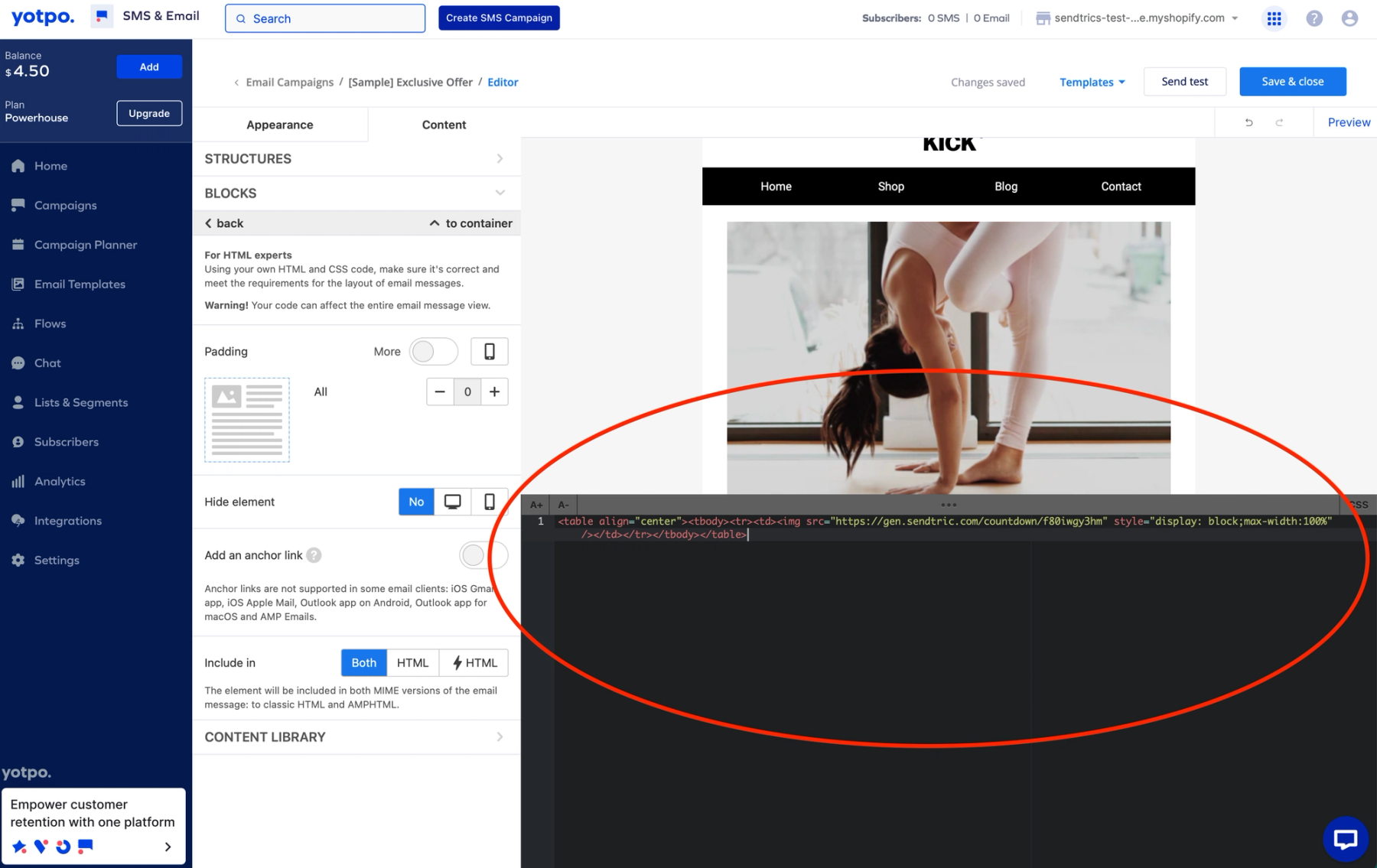 Sendtric timer generator form open in a browser tab beside the Yotpo email builder