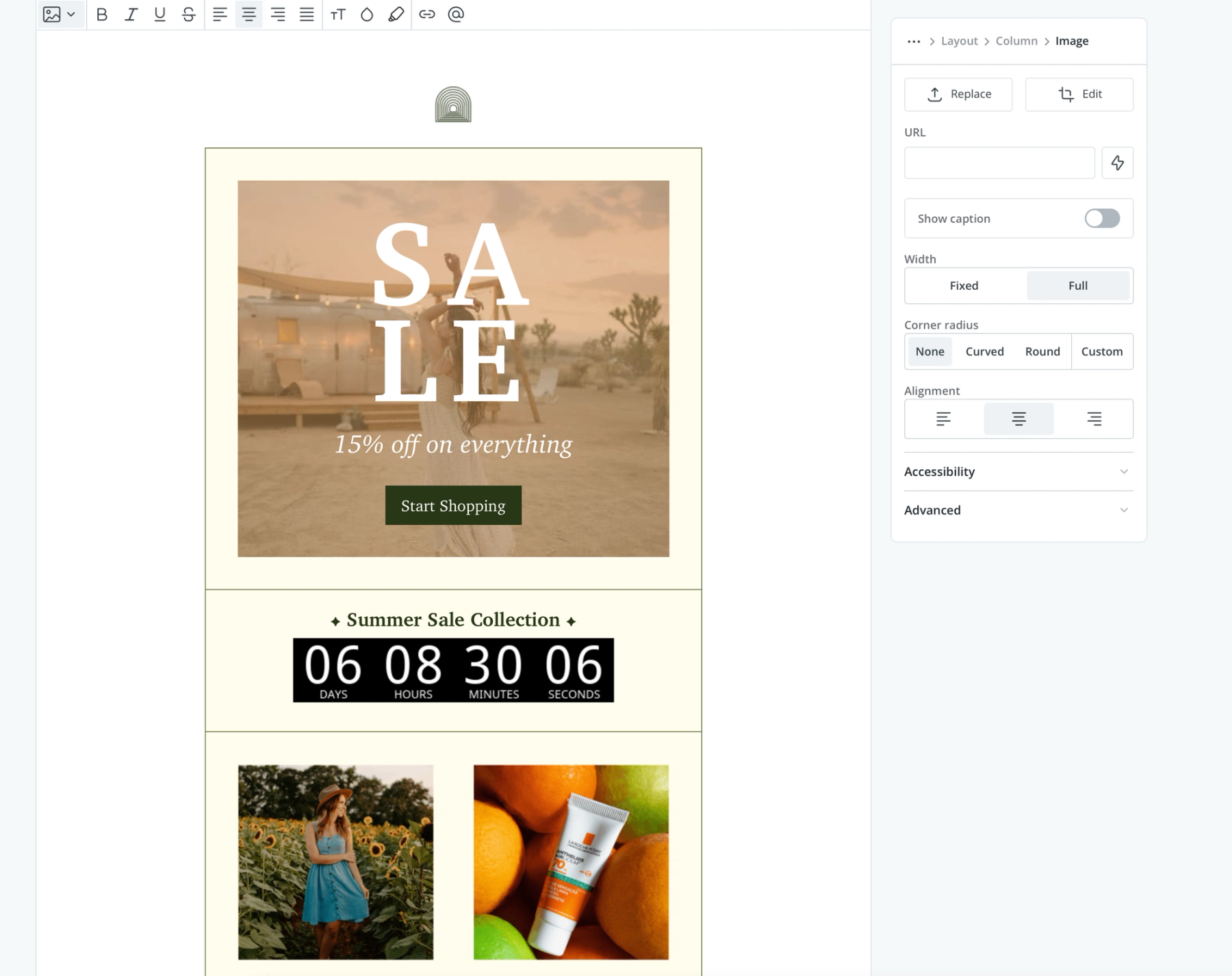 ConvertKit email preview showing the Sendtric countdown timer rendered in the template