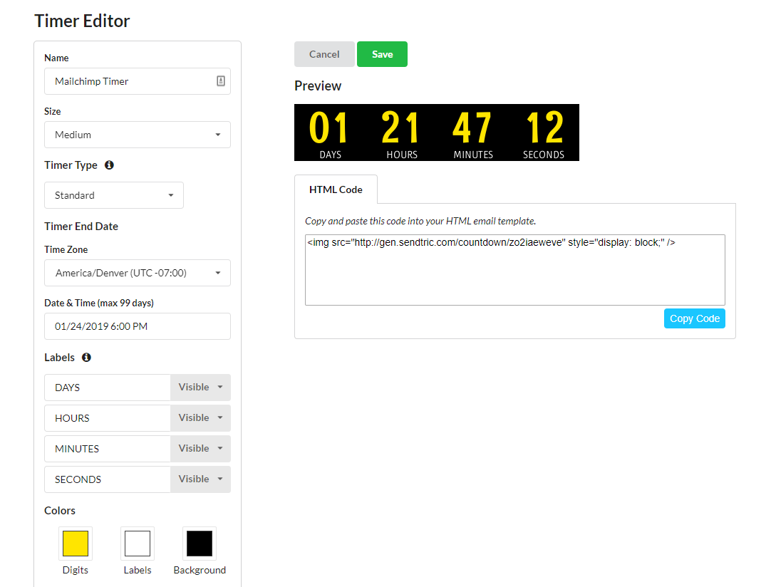 Sendtric timer editor with the color picker open for customizing the timer's appearance