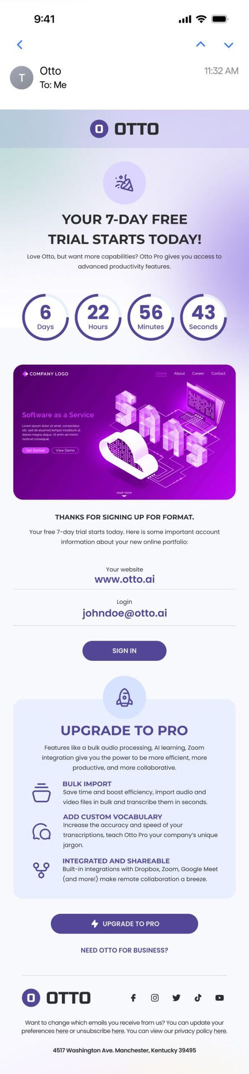 Mobile email preview of a trial-start welcome email with a Sendtric countdown timer showing time remaining in the 7-day free trial, followed by login details and an upgrade-to-Pro prompt