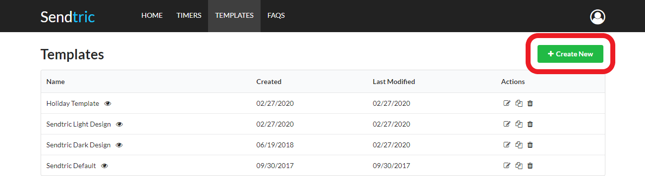 Sendtric dashboard's Templates tab with the Create New button highlighted