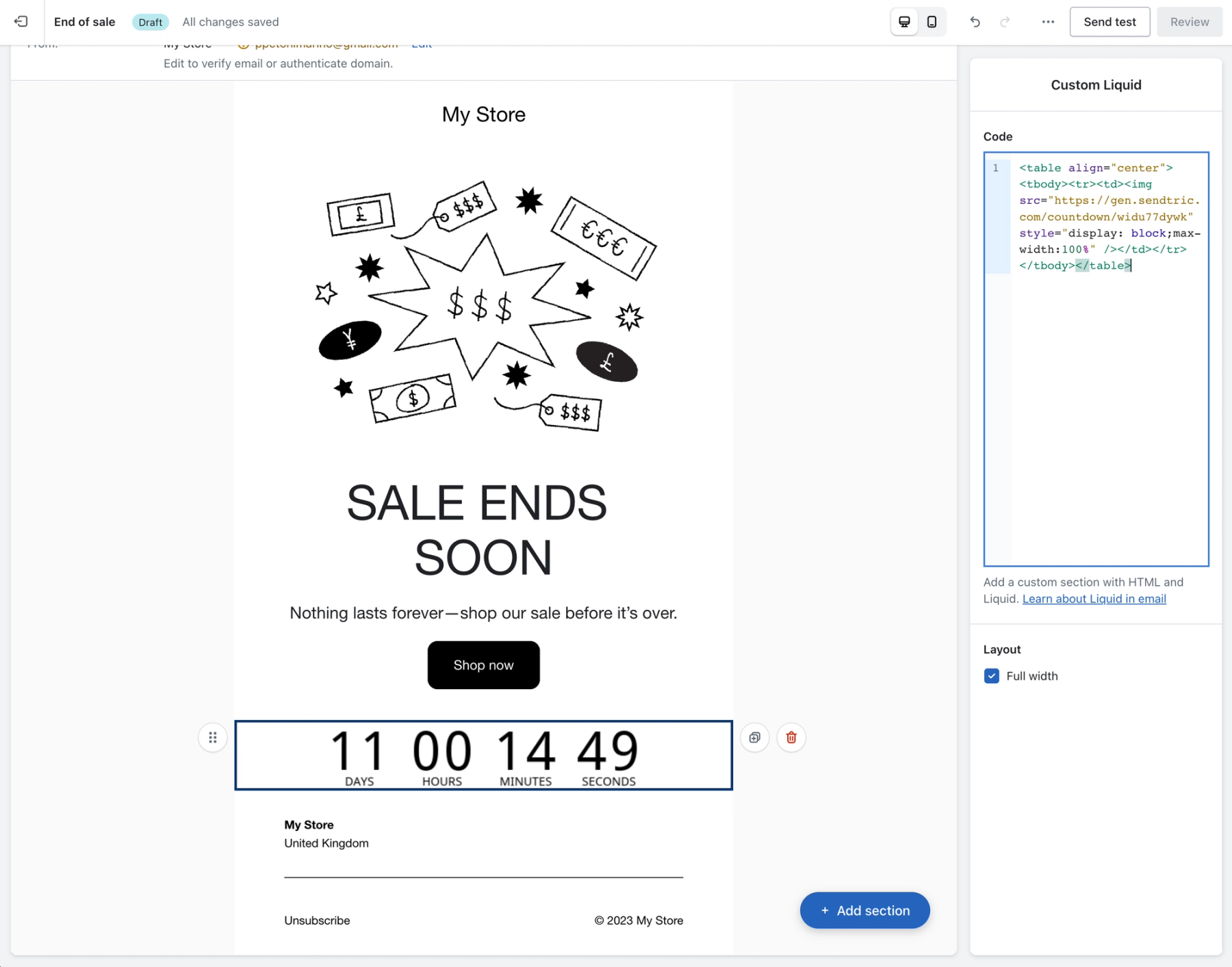 Shopify Custom Liquid code box with the Sendtric timer embed code pasted in