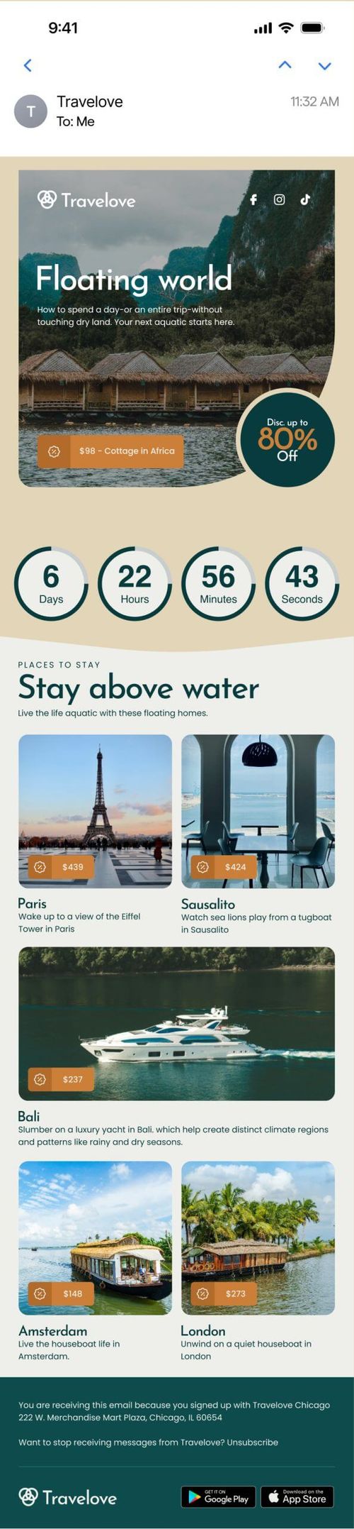 Mobile email preview of a "Travelove" floating-stays travel campaign with an 80% off badge and a countdown timer showing 6 days left on the offer