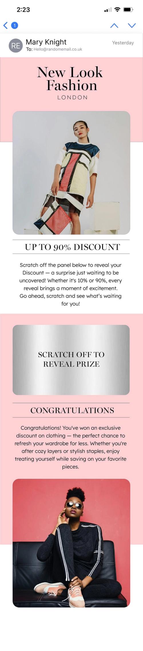 Mobile email preview of a fashion discount campaign with Sendtric's Digital Scratch Off widget shown as a silver panel revealing a clothing discount.