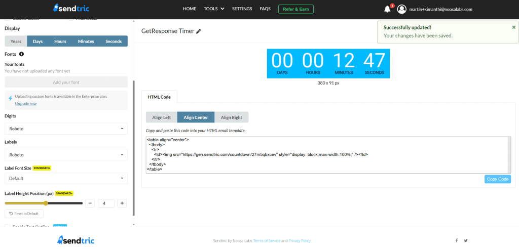 Sendtric countdown timer editor open for building a timer to add to a GetResponse email