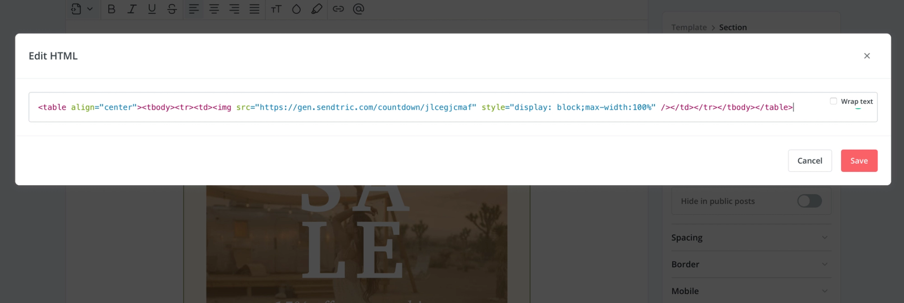 ConvertKit HTML block editor with the Sendtric timer embed code pasted in, and the Save button highlighted