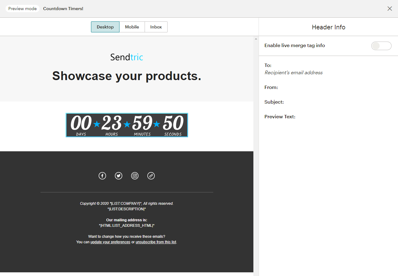 Mailchimp email preview showing a countdown timer embedded above a product showcase block