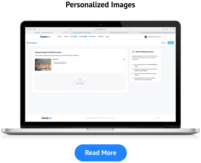 Screenshot of the Sendtric personalized image tool showing an image upload step with keyword tagging.